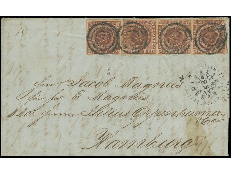 1851, FIRE R.B.S. brown, Ferslew, plate II, horizontal strip of 3 and single stamp, clear in 2 places, otherwise good to wide