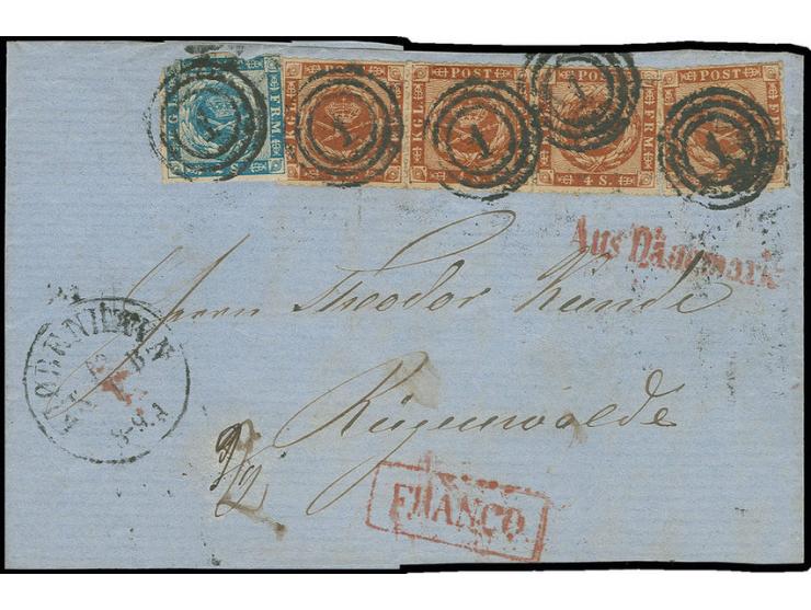 1854, 2 s. blue  (somewhat damaged at top) in combination franking with 1863, rouletted issue 4 s. brown horizontal strip of 