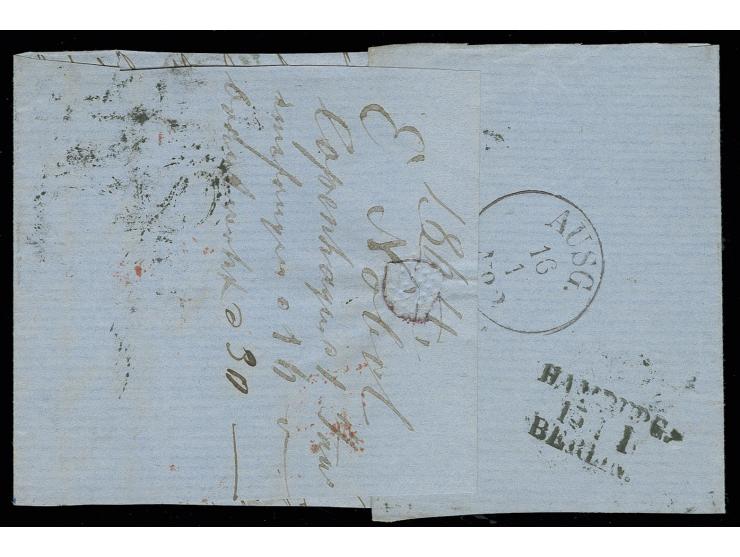 1854, 2 s. blue  (somewhat damaged at top) in combination franking with 1863, rouletted issue 4 s. brown horizontal strip of 