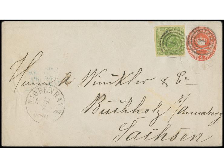 8 s. green, fresh colour and good margins all around, tied by numeral "1" as additional franking to 1865 postal stationary 4 
