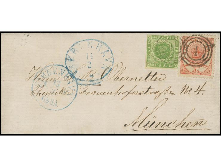 8 s. green with clear to mostly good margins in combination with 1864/70, Coat of Arms 4 s. red, tied by numeral "1" to small