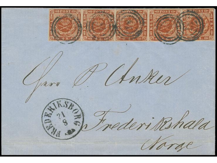 1858, 4 s. brown, 2nd printing, plate I, horizontal strip of 5 with good margins all around, tied by numeral "18" to letter s