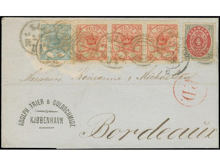 1864/70, 2 sk. blue, perf. 12½ with 4 sk. rose-red, perf. 13:12½ in horizontal strip of 3 in mixed franking with 1870/71 4 sk