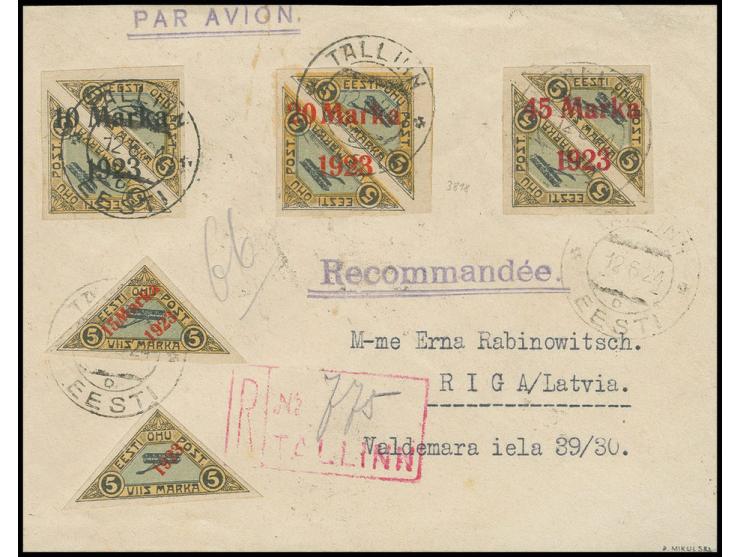 1923, airmail 10-45 m. together with 5 and 15 m. and additional stamps on reverse (one stamp damaged), cancelled "TALLINN 12.