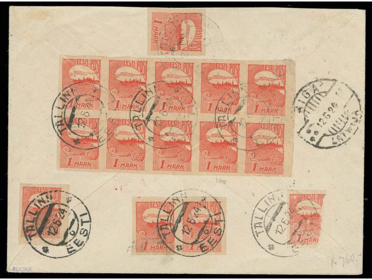 1923, airmail 10-45 m. together with 5 and 15 m. and additional stamps on reverse (one stamp damaged), cancelled "TALLINN 12.