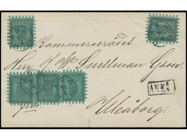 1866, 8 p. on green, 5 single copies, except 1 corner tooth and 2 missing tips all very nicely rouletted, tied by blue clear 
