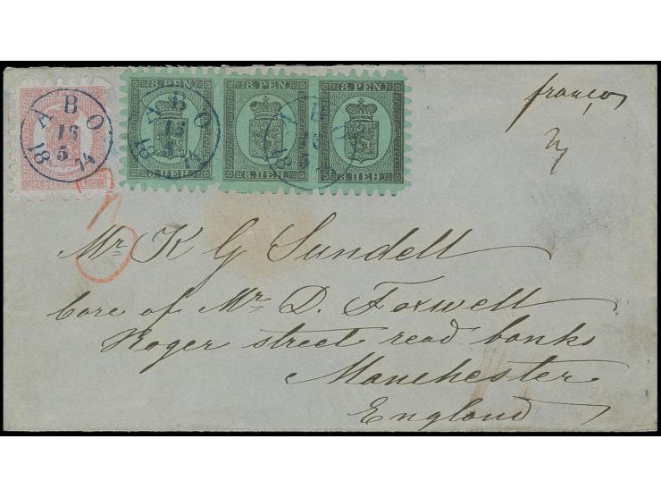 8 p. on green in horinzontal strip of 3 with 40 p. rose, tied by blue clear "ABO 16 5 1874" to envelope to England with St. P
