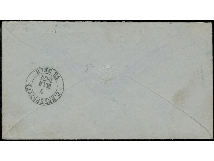 8 p. on green in horinzontal strip of 3 with 40 p. rose, tied by blue clear "ABO 16 5 1874" to envelope to England with St. P