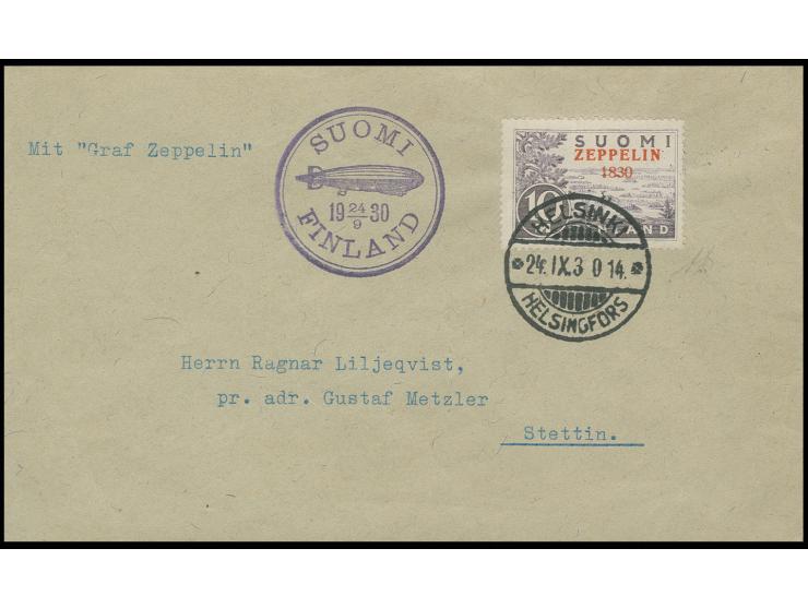 1930, Graf Zeppelin 10 m. with prominent overprint error "1830 instead of 1930", tied by cds. "HELSINKI 24.IX.30" to cover ad