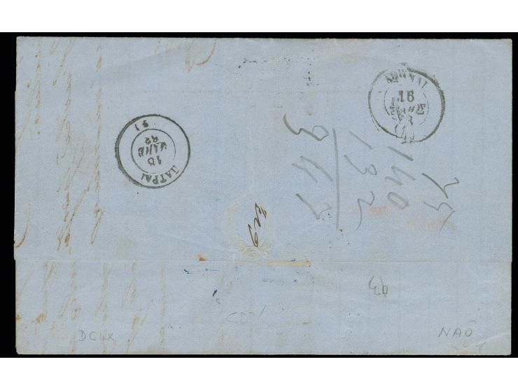 1862/68, Athens printing 5 l. green, 20 l. orange, 20 l. blue and 40 l. purple, tied by cds. of Patras to unfranked entire le