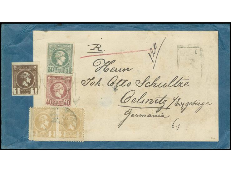 1886, Belgium print 50 l. greyish-green with 1889/92, Athens print 1 l. brown, 2 l. yellow-brown perforated in horizontal pai