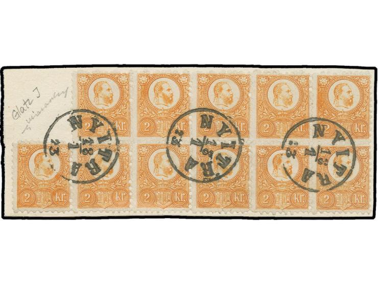 1871, engraved 2 Kr. orange-yellow, horizontal block of 11 with 2 clear cds. "NYITRA 18/1 73" tied to piece, very scarce mint