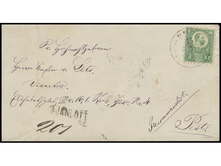 3 kr. green and 5 kr. red, tied by cds. "BUDA 15/9" to front and reverse of registered cover to Pest with arrival mark; a sca