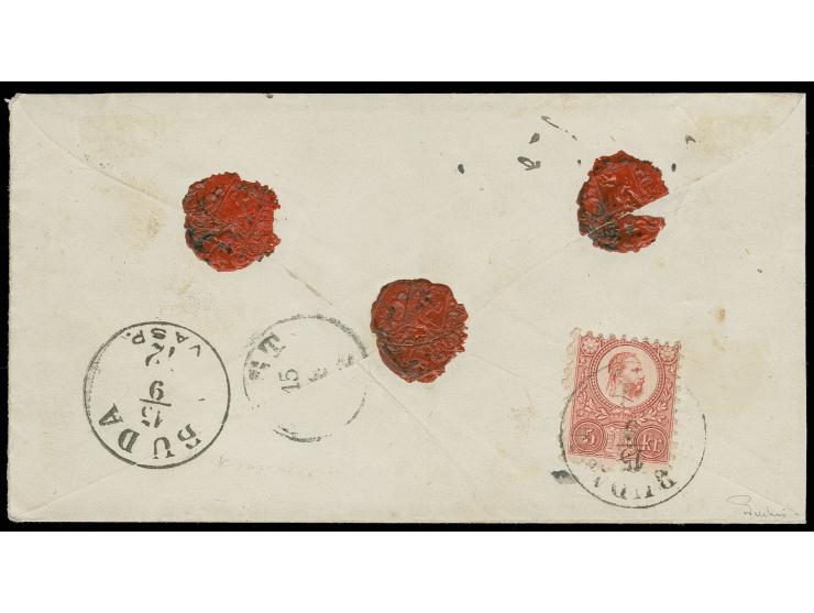 3 kr. green and 5 kr. red, tied by cds. "BUDA 15/9" to front and reverse of registered cover to Pest with arrival mark; a sca