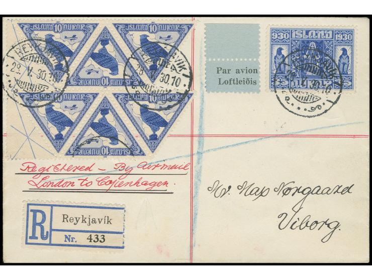 1930, Allthing air stamp 10 a., block of 6 with Mi.-no. 133 on registered air cover from "REYKJAVIK 28.V.30" via Edinburgh to