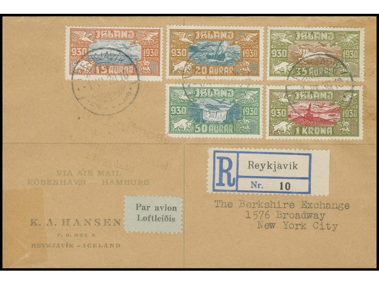 Airmail Allthing 15 a.-1 kr. cpl. on registered first day airmail cover from "REYKJAVIK 1.VI.30" to New York with arrival mar