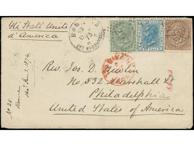 5 c. grey, 30 c. brown and 1867, 20 c. blue tied to small envelope from "ROMA 12 DIC 73" to Philadelphia with transit and arr