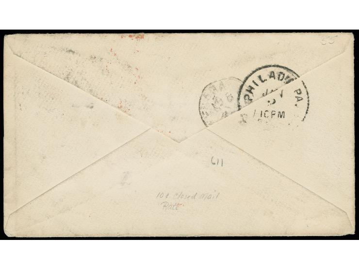 5 c. grey, 30 c. brown and 1867, 20 c. blue tied to small envelope from "ROMA 12 DIC 73" to Philadelphia with transit and arr