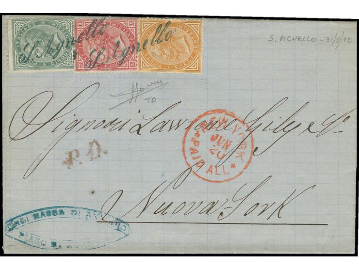 5 c. grey, 10 c. orange and 40 c. rose used on entire letter from Piano di Sorrento to New York, the stamps cancelled in tran