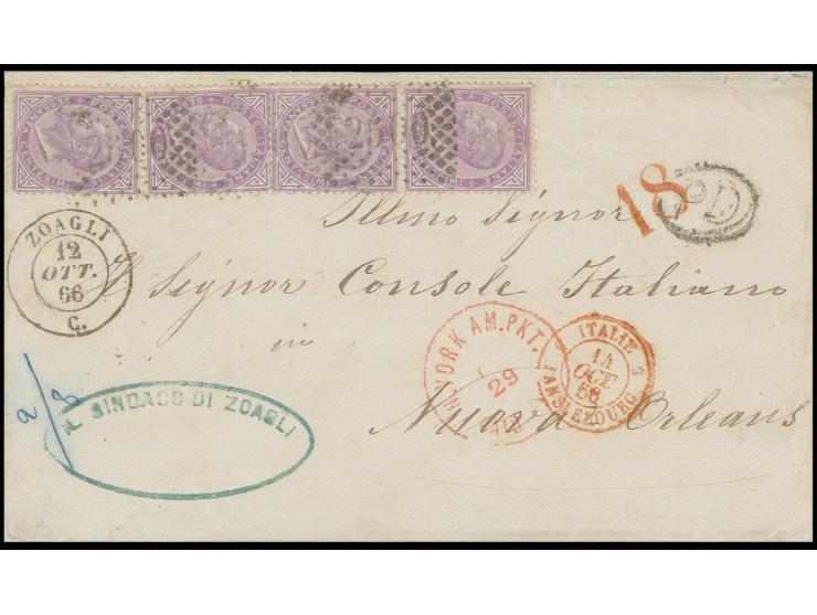 60 c. violet, vertical pair and 2 singles tied to letter sheet with adjacent cds. "ZOAGLI 12 OTT. 66" to New Orleans, showing