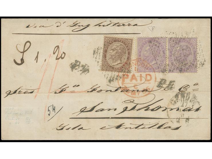 60 c. violet and 30 c. brown tied to letter sheet via England with adjacent red "LONDON PAID" to St. Thomas, Danish West Indi
