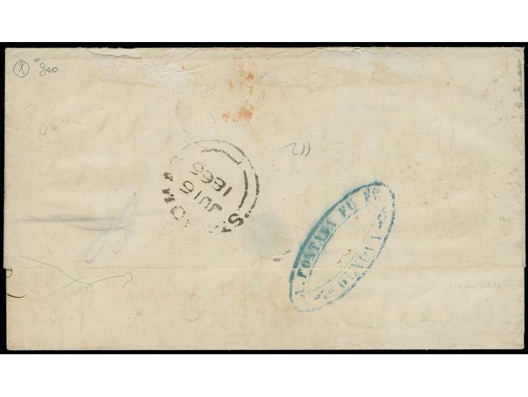 60 c. violet and 30 c. brown tied to letter sheet via England with adjacent red "LONDON PAID" to St. Thomas, Danish West Indi