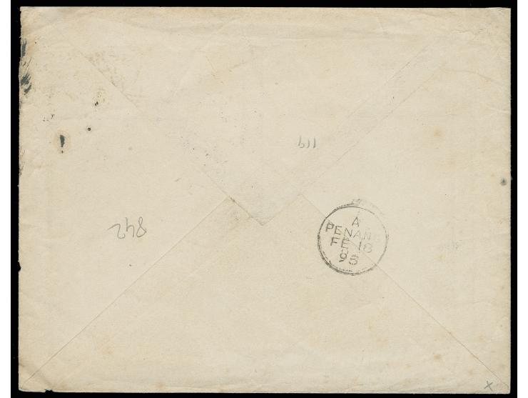 1879, 20 c. orange, 2 copies tied by cds. "MILANO FERROVIA 21 1 93" to envelope to Penang, Malacca with arrival mark on rever