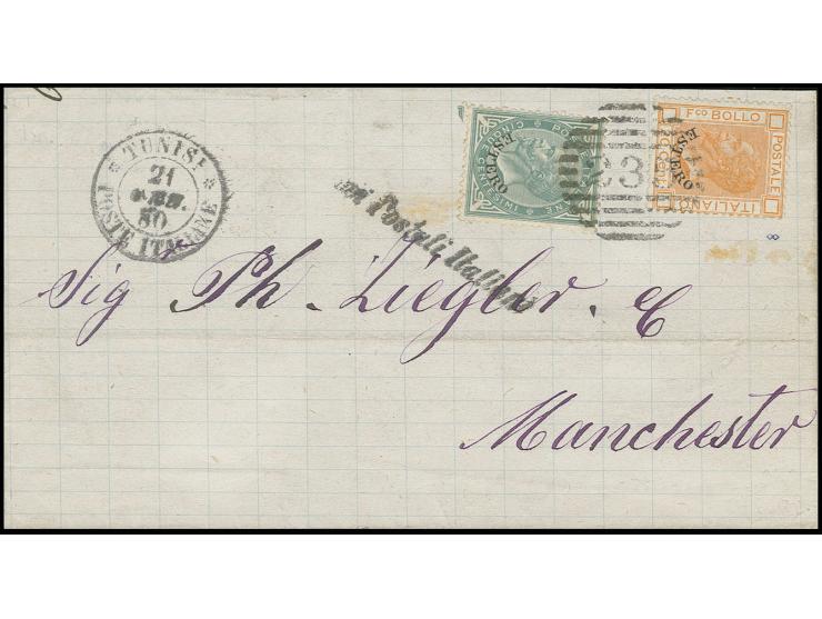 5 c. and 20 c. tied by clear barred "235" to letter sheet with adjacent cds. "TUNISI POSTE ITALIANE 21 GEN. 80" to Manchester