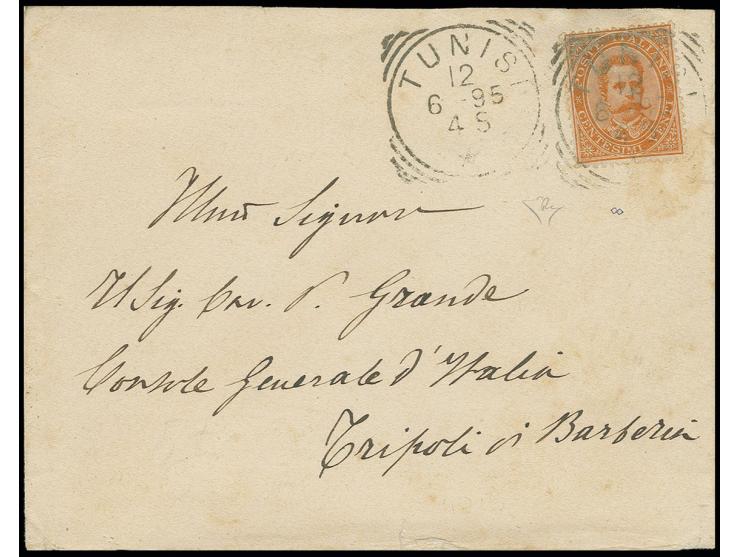 1895, Italy Umberto 20 c. orange, tied by squared circle "TUNISI 12 6 95" with additional strike alongside, to envelope to Tr