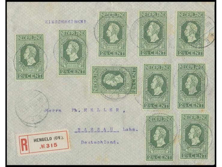 1914, King Wilhelm I. 2 1/2 c. green, 10 stamps tied by "HENGELO 5.V." to registered cover to Nassau with arrival mark, sligh
