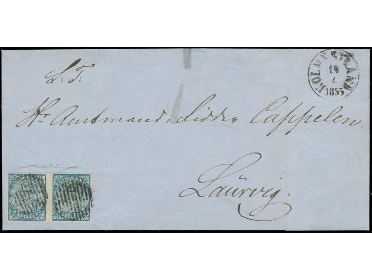 1855, 4 sk. blue in horizontal pair with short but full margins, tied by grid to letter sheet with adjacent date stamp "HOLME