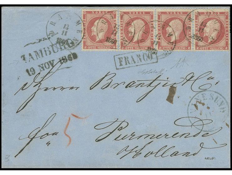 1856/57, Oskar 8 sk. carmine, horizontal strip of 4, the right stamp 3 short perfs where affixed at the edge of the cover, ot