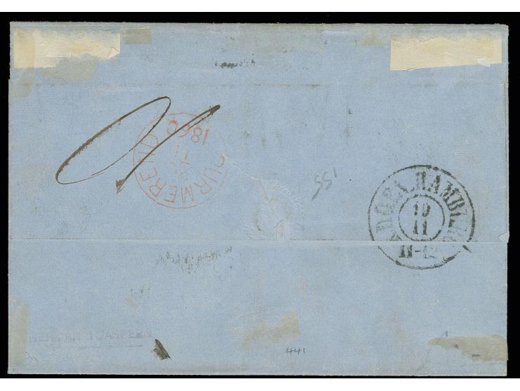 1856/57, Oskar 8 sk. carmine, horizontal strip of 4, the right stamp 3 short perfs where affixed at the edge of the cover, ot