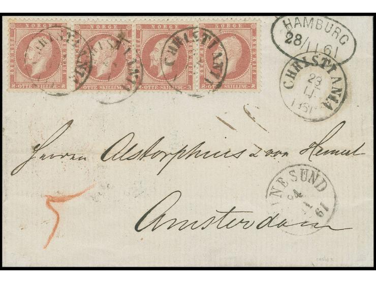 8 sk. red, horizontal pair and 2 single stamps, tied by cds. "CHRISTIANIA 23/11 1861" to letter sheet to Amsterdam, showing t