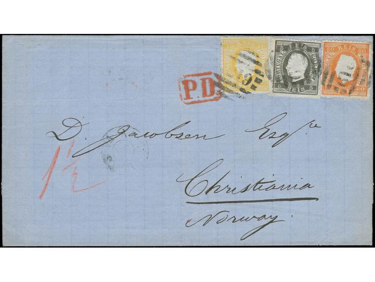 1870/76, Luis 5 r. black, 10 r. yellow and 80 r. orange, tied by barred oval "219" to letter sheet with adjacent light cds. o