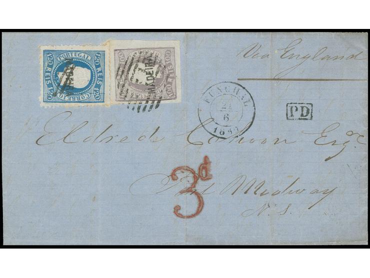 1868/70, imperforated issue 100 r. lilac with perforated 120 r. blue, tied by light numeral "51" with adjacent cds. "FUNCHAL 