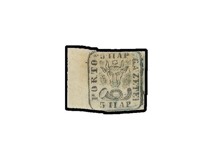 Newspaper stamps: 1858, 5 par. black on white paper with 6mm margin at left, possible from the left sheet margin, good at rig