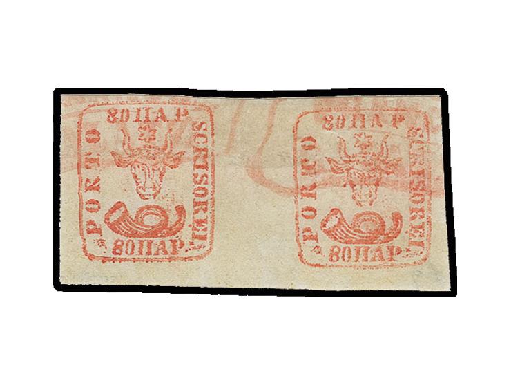 80 par. red, horizontal pair with good colour and wide margins all around, used with "FRANCO GALATZ", fine, certificate Heimb
