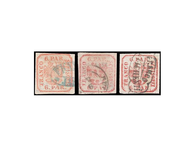 1862, handstruck from single dies: 6 par. red and 2 copies carmine in different shades, used, one with almost complete clear 