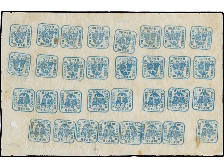 1862, 30 par. blue, in shades from pale to deep, on white wove paper, a complete sheet of 32 subjects, the upper row with a v