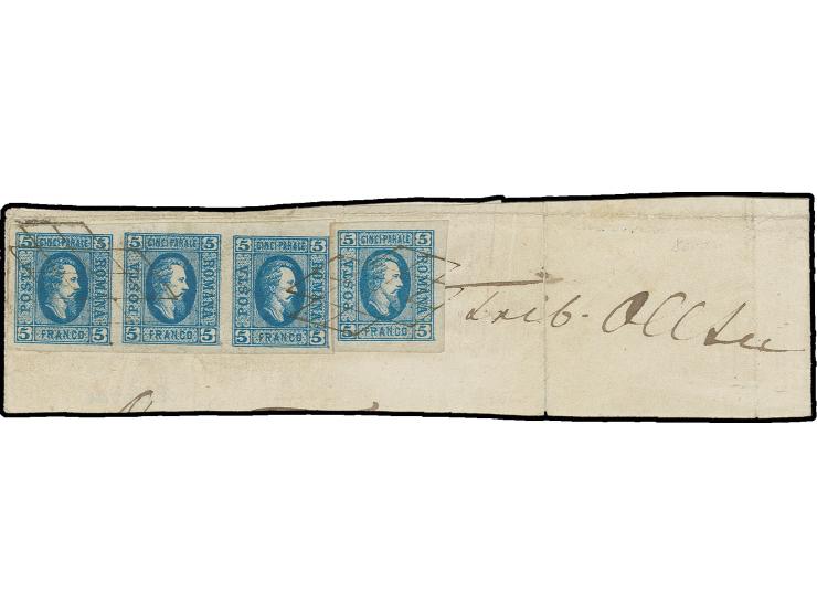 1865, Prince Cuza 5 par. blue, horizontal strip of three and a single value, all with wide margins and fresh colour, tied to 