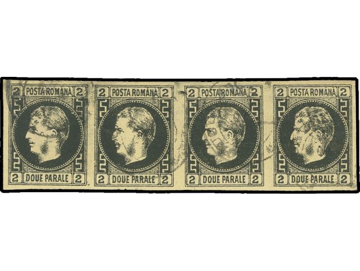 2 par. on yellow, horizontal strip of 4, used with cds. of Bukuresti, the top margin added, otherwise good to wide margins, t