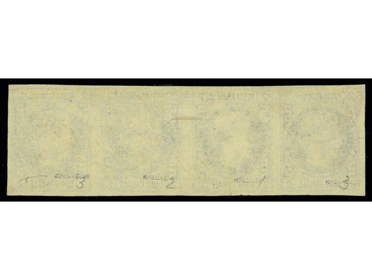 2 par. on yellow, horizontal strip of 4, used with cds. of Bukuresti, the top margin added, otherwise good to wide margins, t