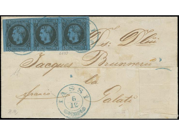 1866, Carol I. thick paper: 5 par. blue, horizontal strip of three with fresh colour and good margins on three sides, just to