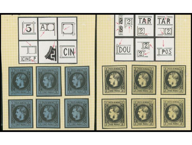 thin paper: 2 par. on yellow and 5 par. on blue, all 6 transfer types each, unused, one stamp without gum, otherwise very fin