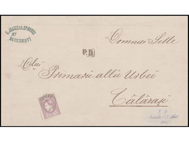 1868, Carol 3 b. violet with wide to very wide margins all around, at left with part of neighbour stamp, tied by clear small 
