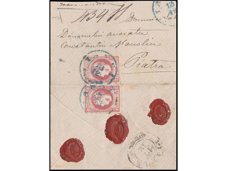 18 b. rose, horizontal pair with good to wide margins, folded around edge of small opened out registered envelope (somewhat r