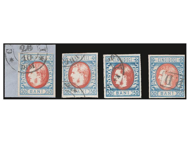 1869, 50 b. blue-red, all 4 transfer types, used incl. 2 copies with brush retouches and 1 copy cancelled "P.D." (tiny thin),
