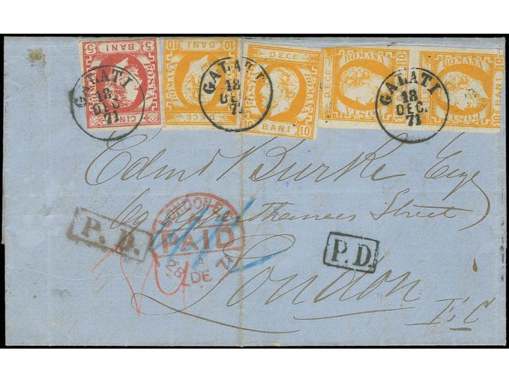5 b. carmine as single and 10 b. yellow-orange two single stamps and a vertical pair tied by cds. "GALATI 18 DEC 71" to folde