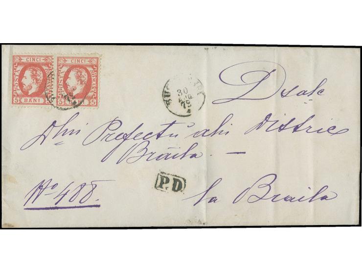 1872, Carol I. 5 b. red, horizontal pair tied by cds. "BUCURESCI 30 AUG 72" to folded letter to the prefecture of Braila with
